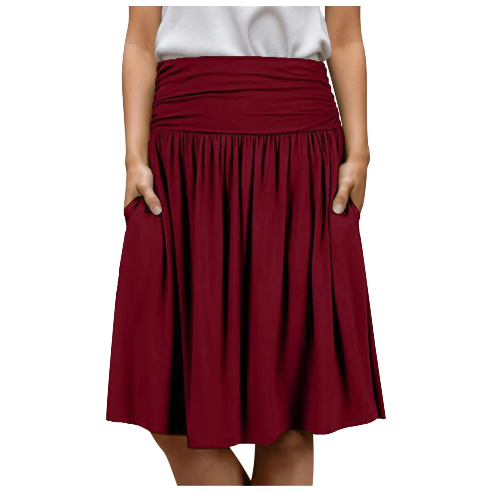 Knee Length Ruched Skirts For Women Elastic Waist Solid Color Skirt With Pockets Versatile Spring Autumn Midi Skirt Party Wear