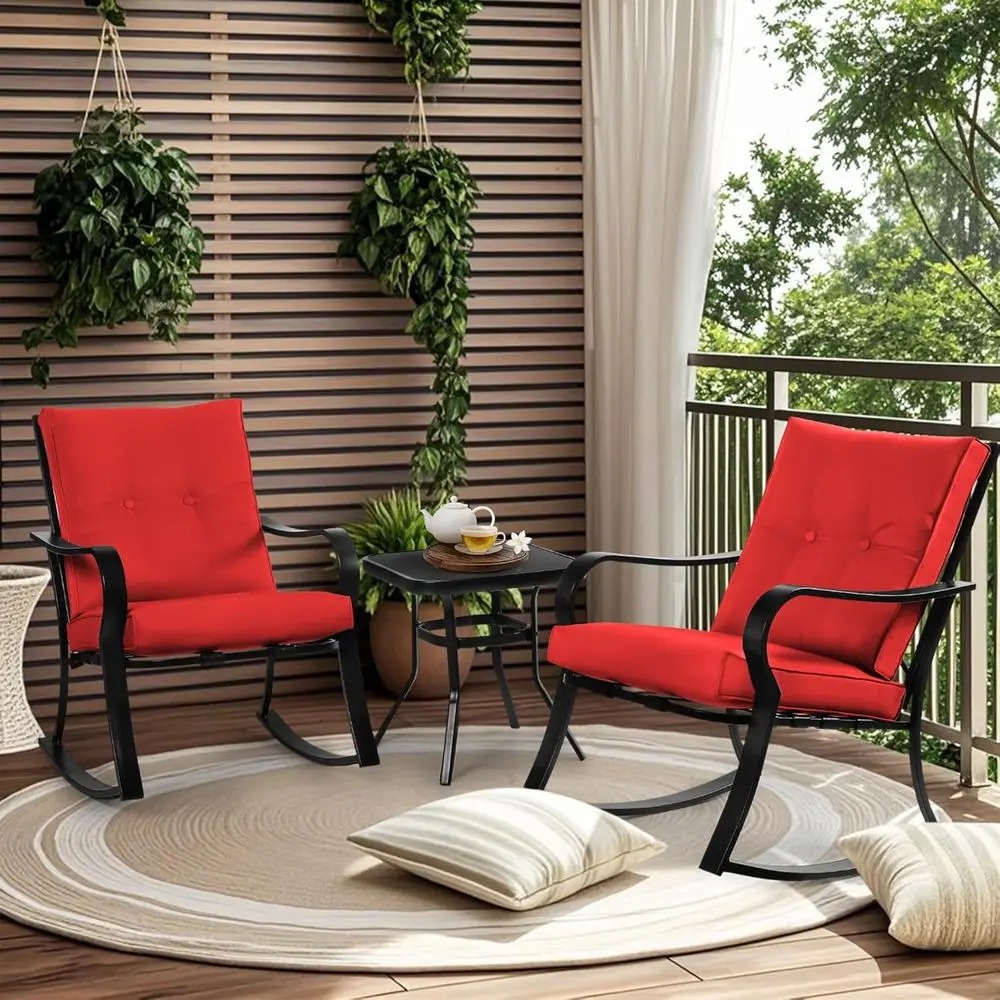 

Outdoor 3-Piece Bistro Set with Rocking Chairs and Glass-Top Coffee Table, Red Cushions