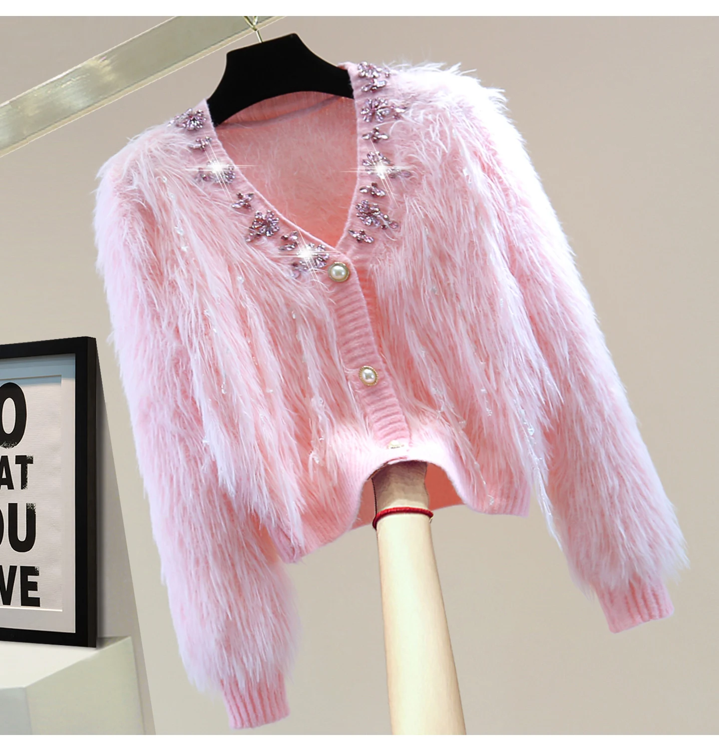 

Diamond-encrusted Tassel Mohair Knitwear, 2025 Autumn Winter High Waist Short V-neck Long Sleeve Pink Sweater Cardigan Ladies