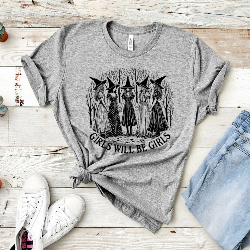 Halloween Girls Will Be Girls Witch Shirt Funny Witch Shirts Girl Power Halloween Women Vintage Clothes Witchy Vibes Tee Tops