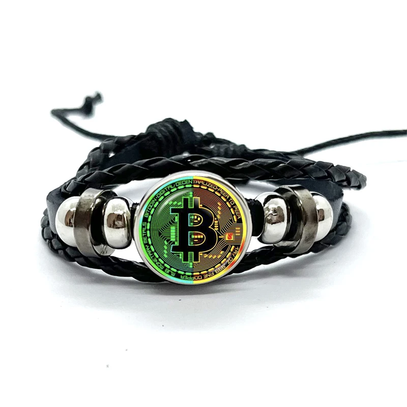 Bitcoin Design Leather Bracelet Cryptocurrency Bitcoin Theme Glass Dome Snap Button Bracelet & Bangle Fashion Women Men Jewelry