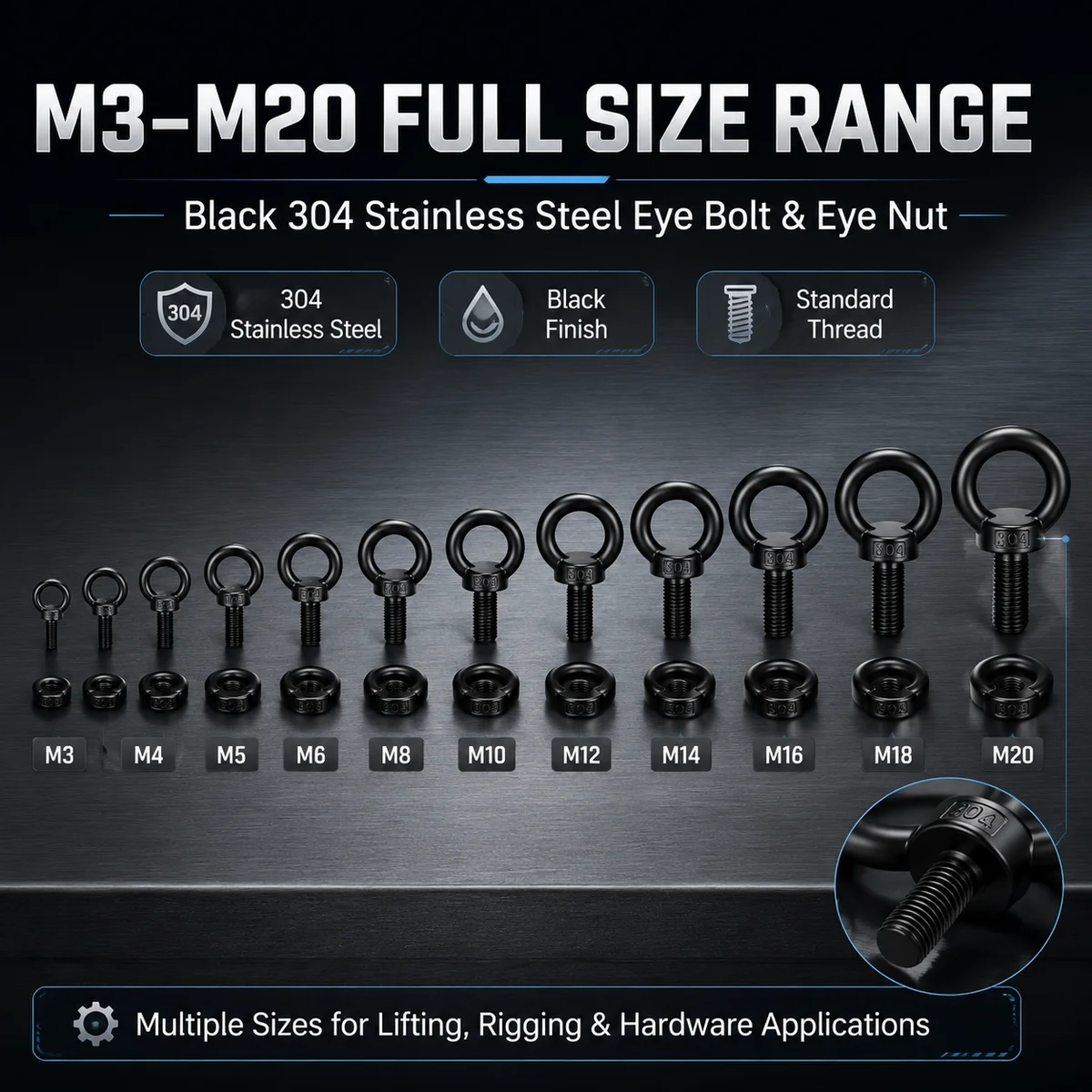 304 Stainless Steel Lifting Eye Nuts/ Screw Ring Eyebolt Ring Hooking Nut Screws M3-M20 Length 9mm-30mm Black Dacromet Coating