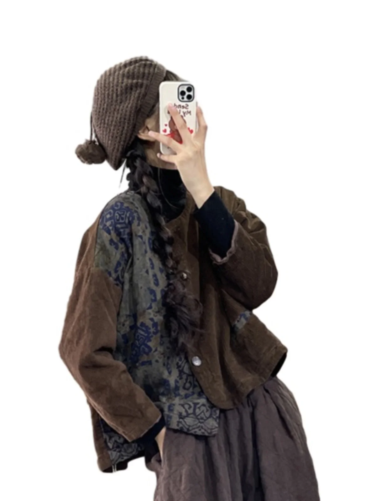 Corduroy ort Cotton Jaet Women's Ethnic Sle Color Blo Print Asymmetrical Cotton Clothes Warmth Faionable Winter Coat