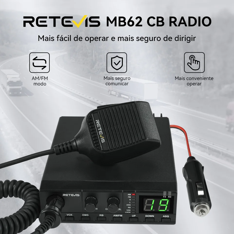 Retevis MB62 Comunicador de rádio CB para carro móvel AM/FM 27MHz Rádio CB portátil canal instantâneo 9/19 rádios de longo alcance para caminhantes