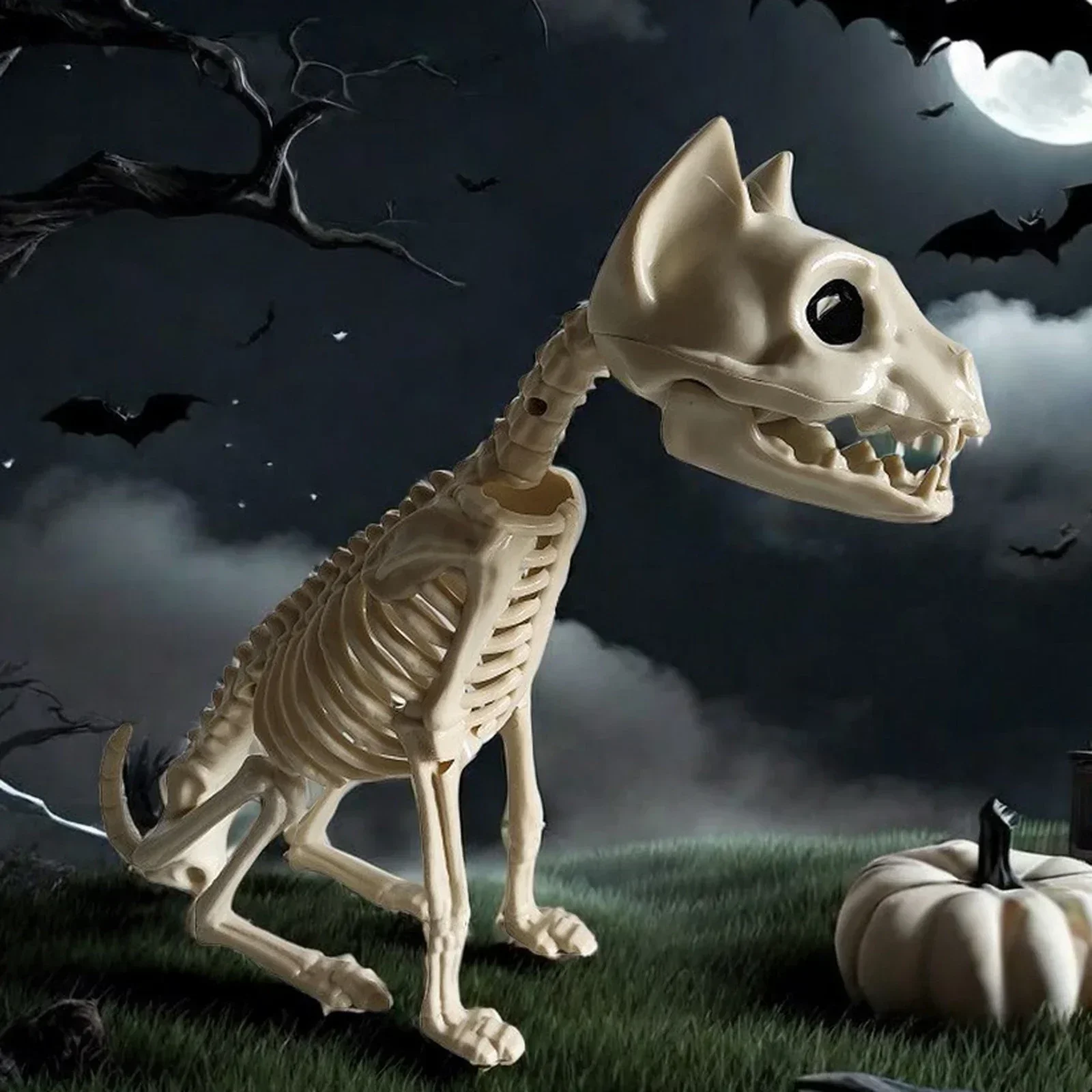 Posable Plastic Skeleton Cat Haunted House Decor Scary Bone-Chilling Ornaments for Halloween Party, Yard & Home Decor
