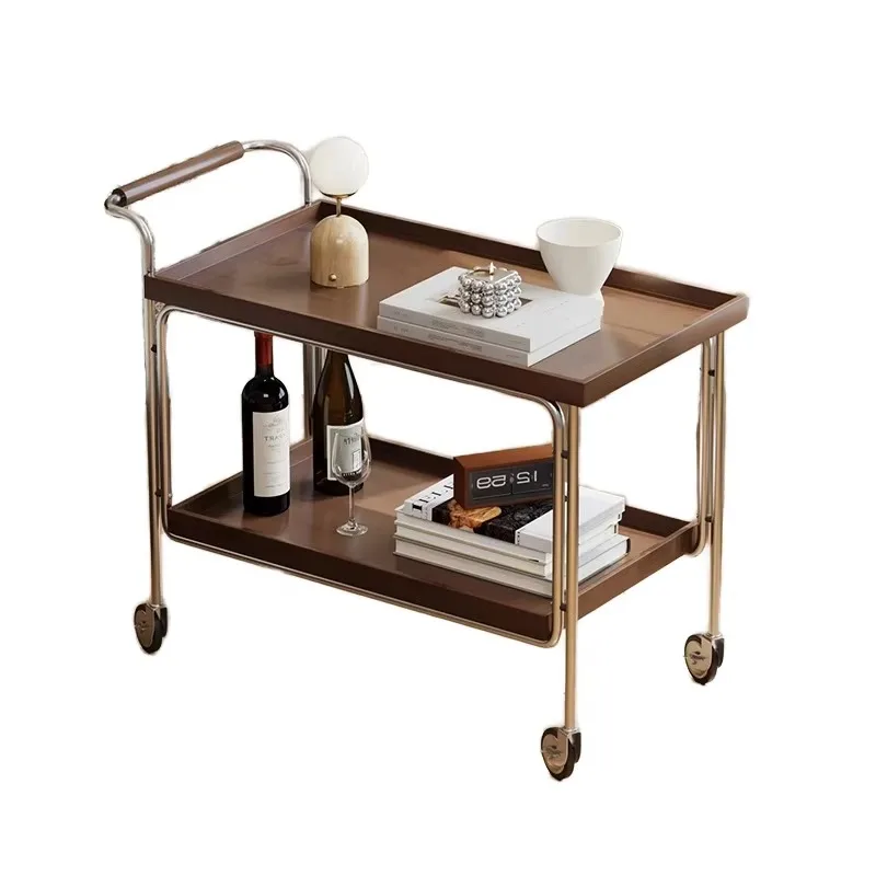 Solid Wood Modern Iron Adjustable Mobile Trolley Retro American Coffee Table Side Table Living Room Dining Cart