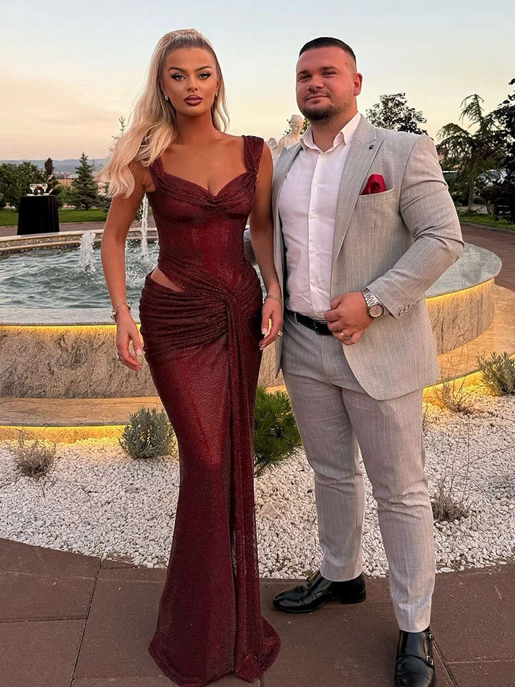 Women Burgundy Long Dresses – Sleeveless Bodycon Gown with Side Cut-Out Elegant Formal Party Dress Cocktail Nights Vestidos