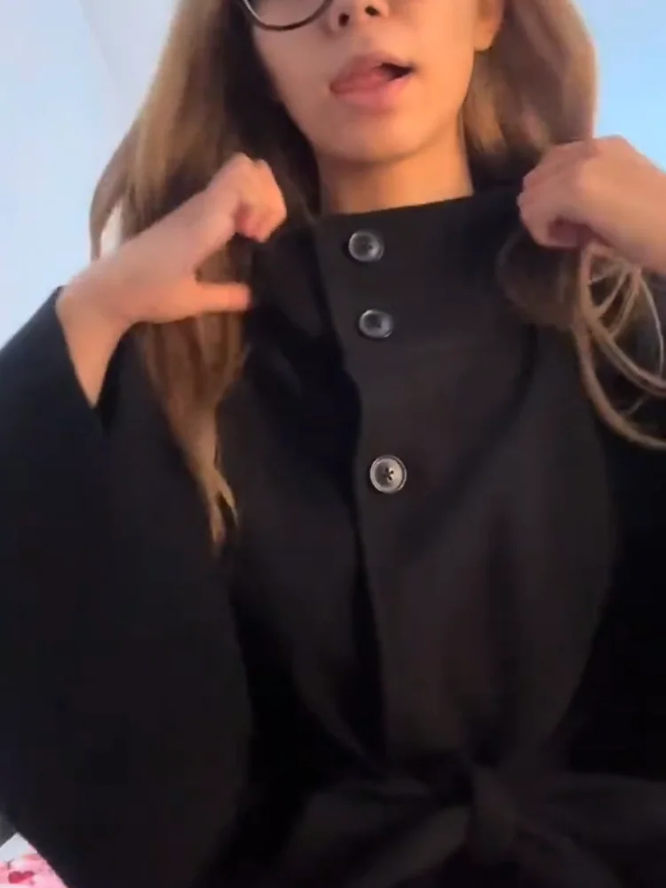 Fashion Women's Lace Up Woolen Cape Coat Loose Stand Collar Batwing Sleeve Button Black Gray Jacket 2025 Autumn Streetwear