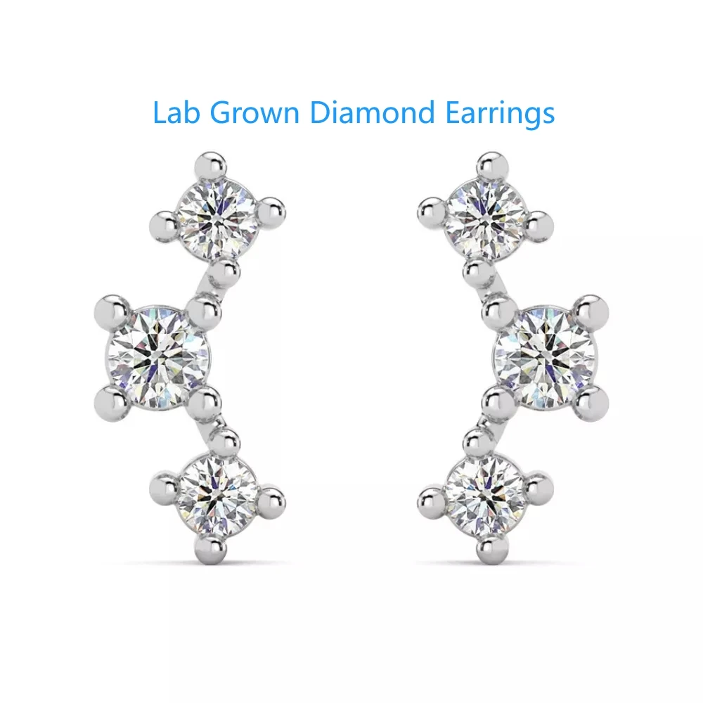 0.2CTW 3-Stone HPHT Lab Grown Diamond DEF Color VS-VVS Crawler Earrings 14k White Gold Studs Earrings For Women