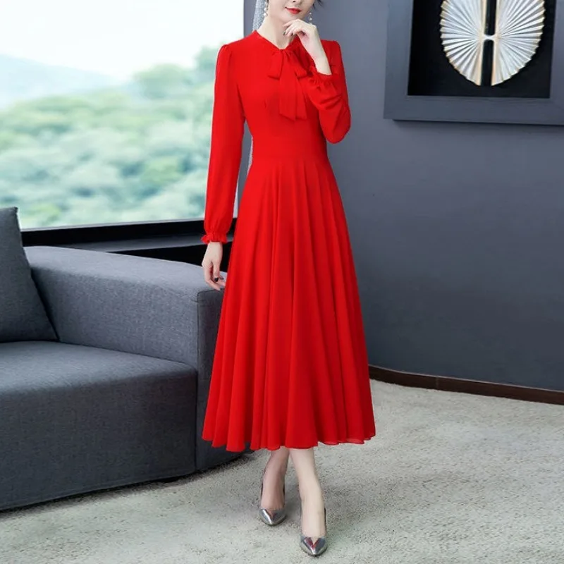 Women's Clothing V-Neck Scarf Collar Solid Color Lantern Long Sleeve Chiffon Pullover Ball Gown Midi Skirts All-match Dresses