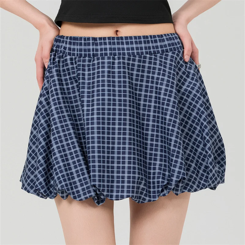 Khaki Mini Skirts Women A-line Casual Fashion Vintage Y2k Skirt Sweet Plaid Puff Skirt 2024 Summer New Female Jupe Streetwear