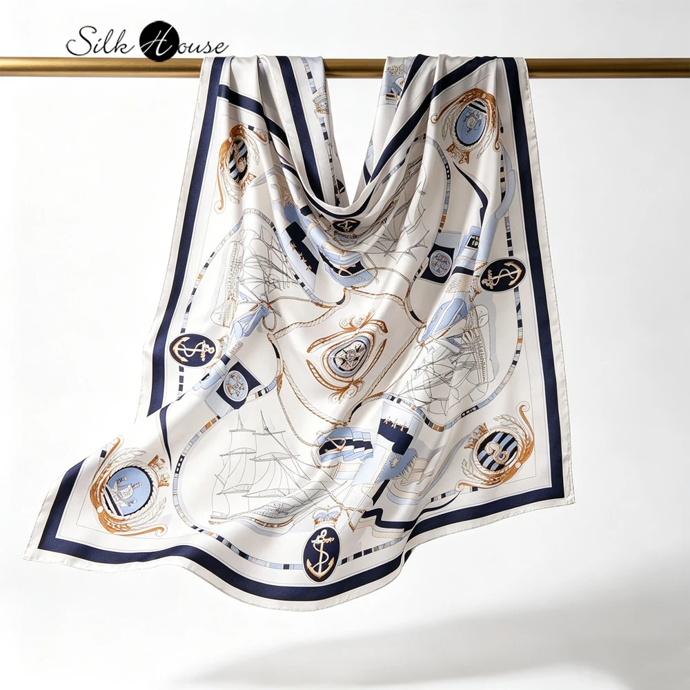 light-luxury-blue-and-white-nautical-print-vacation-style-100-natural-mulberry-silk-plain-satin-large-square-scarf-shawl