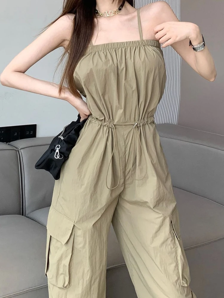 2024 New Women's Summer Fashion Casual Loose Solid Color Personalized Double Wearing Lace Up Bow Wrap Chest Overalls Jumpsuit