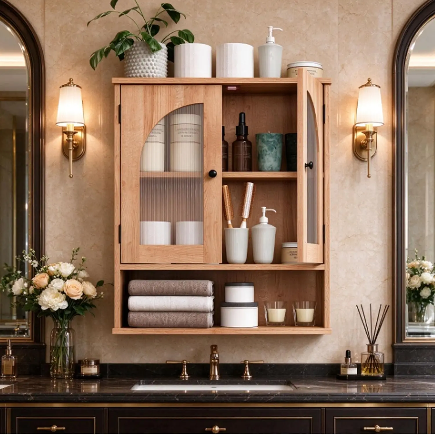 Wall Mounted Bathroom Cabinet Glass Doors, Wooden Medicine Storage Adjustable & Open Shelf, Over Toilet Saver, Oak, Customized