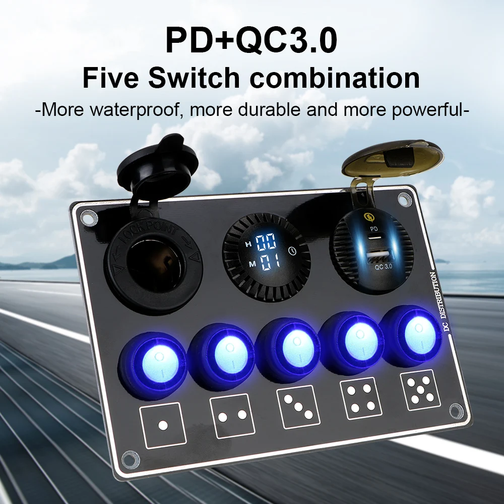 For RV Car Marine 12/24V LED Voltage Display Car Switch Panel 5 Gang