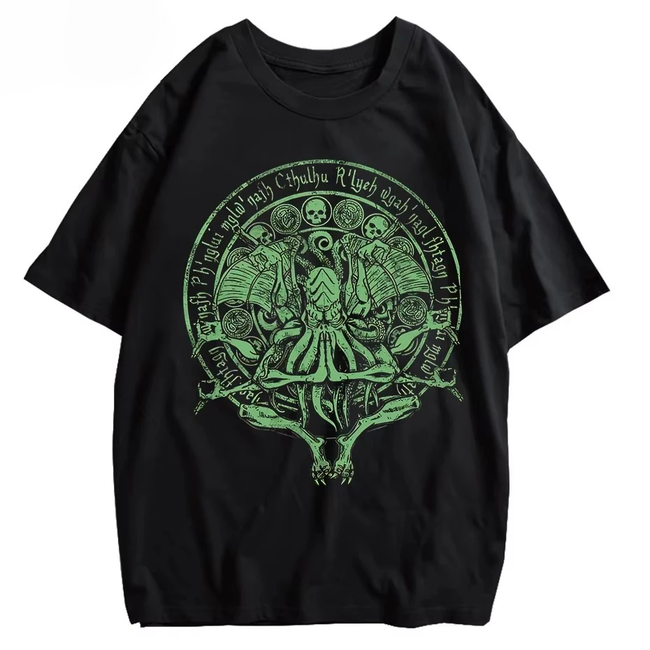 Large Tall Size Green Cthulhu Graphic Washed Cotton T‑shirt Men England Style Short Sleeve Harajuku Streetwear Casual Tops
