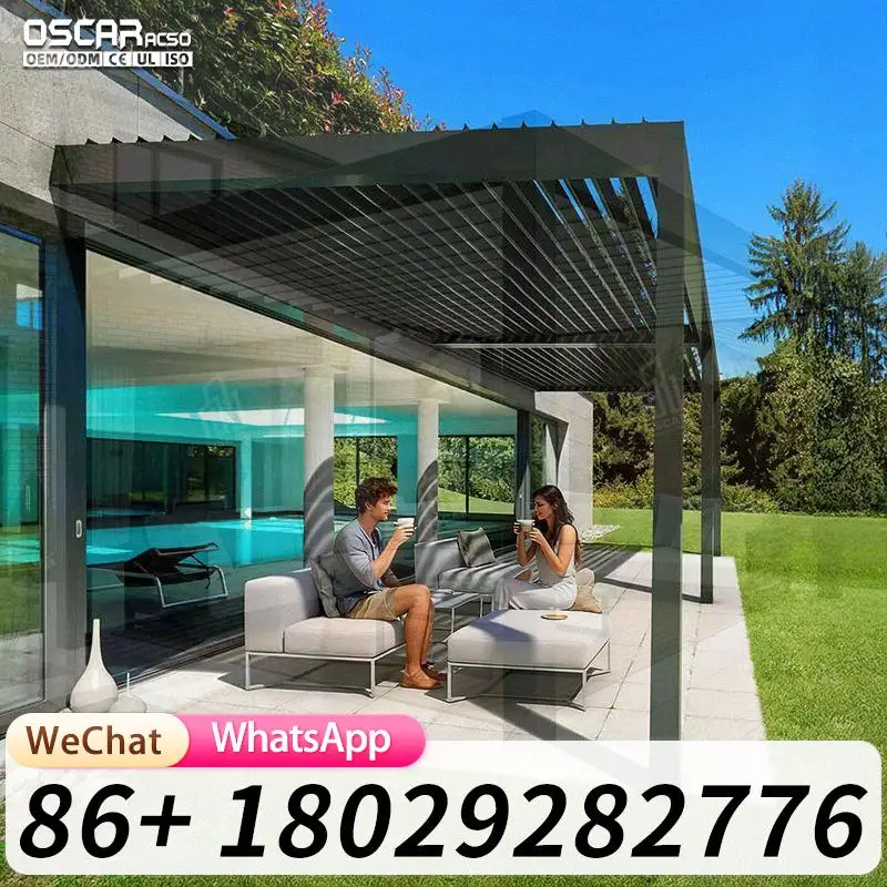 Aluminum Outdoor Waterproof Louvered Roof Pergola Patio Cover Sun Shade Canopy Remote Control Electric Smart Modern Gazebo Garde