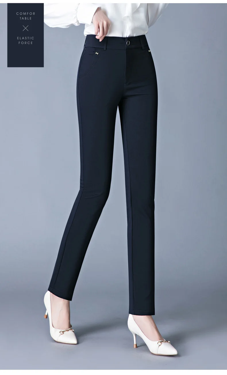 7XL Spring Autumn Casual Button Elastic Mid Waist Black&Navy Blue Straight Trousers Office Lady Quick Drying Suit Pants Female