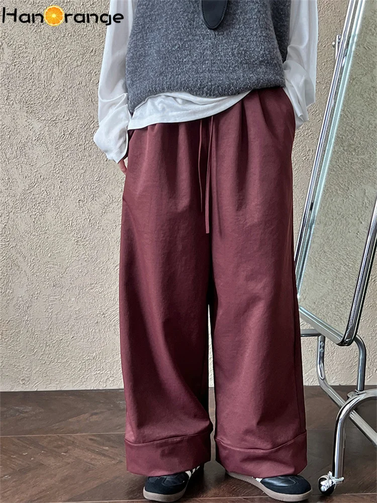 

HanOrange 2025 Simple Drawstring Wide Leg Pants Women Autumn Elastic Waist Trousers Navy Blue/Apricot/Rust Red