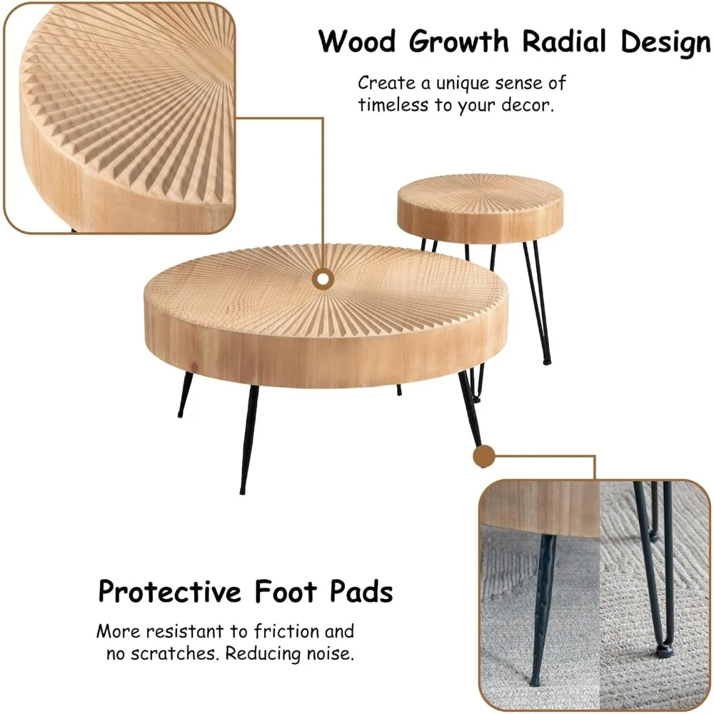 2-Piece Modern Farmhouse Living Room Coffee Table Set, Nesting Table Round Natural Finish with Handcrafted Wood Radial Pattern