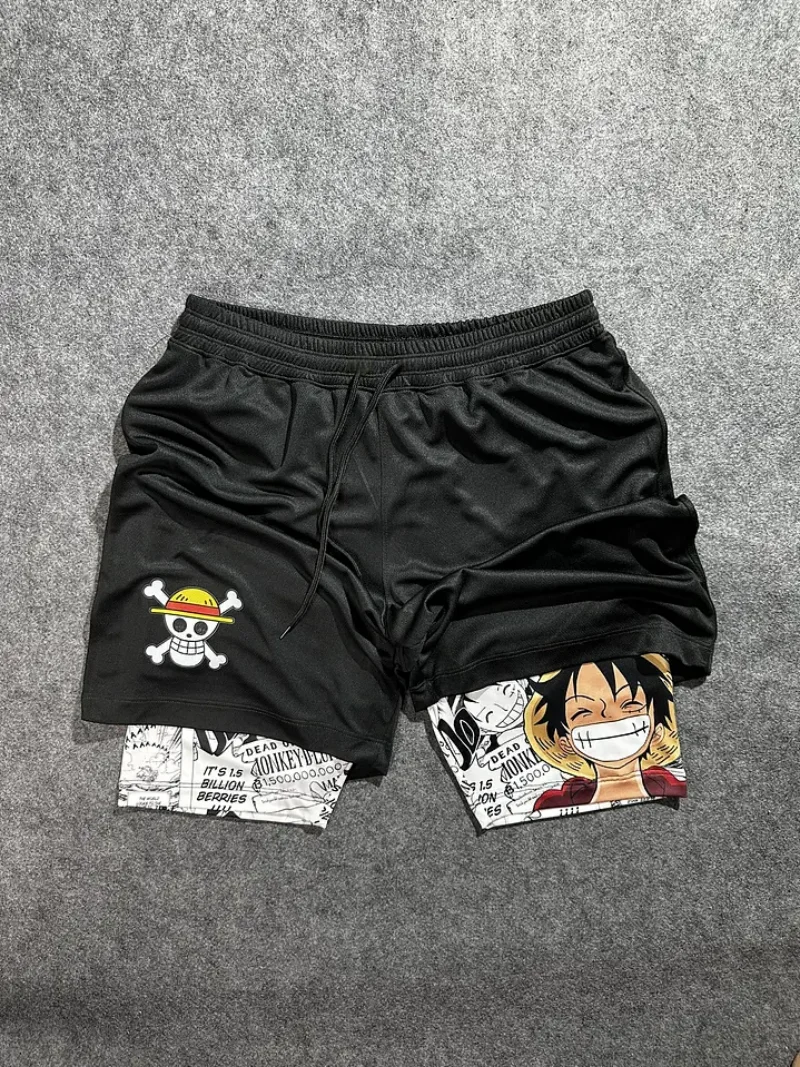 2026 Sommer One Piece Retro Schnelltrocknende Doppellagige Shorts für Herren mit Monkey D. Luffy Lach- & Manga-Print Übergroße Sportshorts