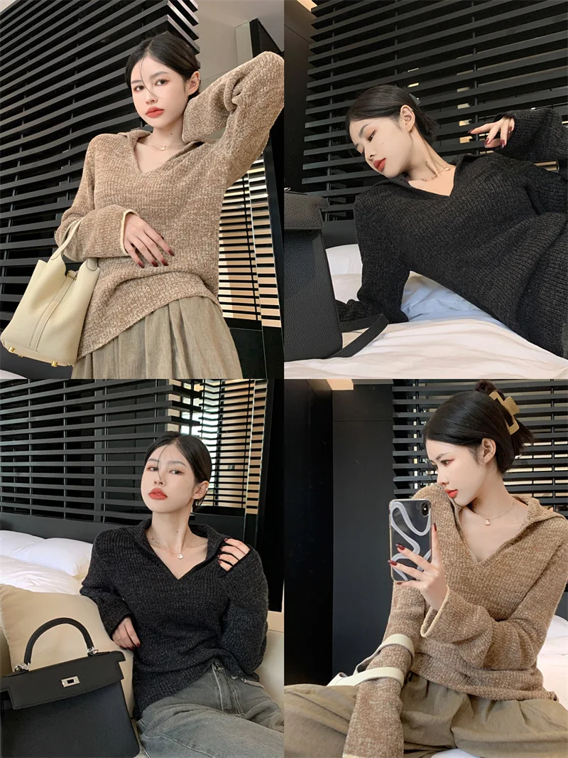 Retro hot girl contrast color design niche lapel soft velvet knitted sweater top bottoming shirt top