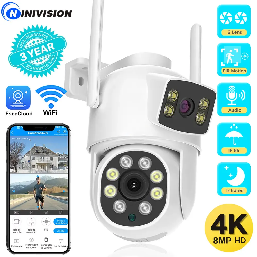 Outdoor Wireless Security IP Camera 4K 8MP Dual Lens External Wifi PTZ Camera Auto Tracking Street Surveillance Camera EseeCloud