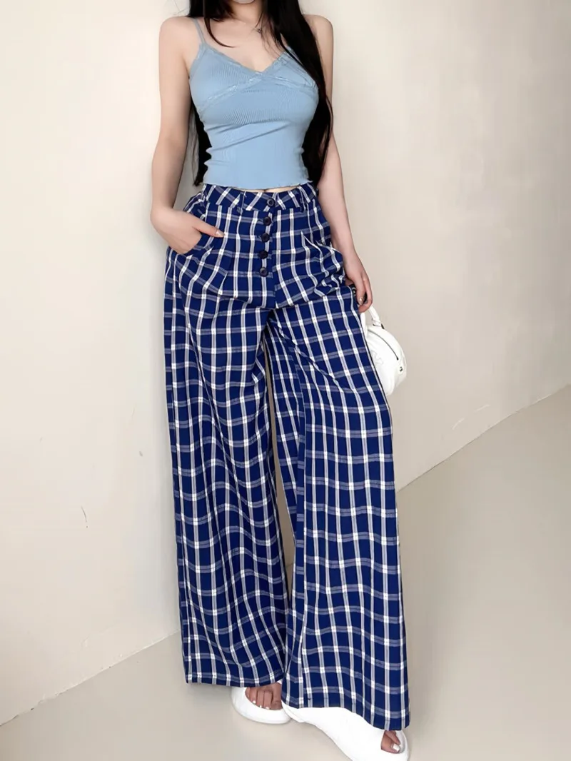 

Plaid Straight Casual Pants For Women New High Waiste Loose Wide Leg Pants Lazy Style Floor Length Pants Fashion 2024 New YMU4