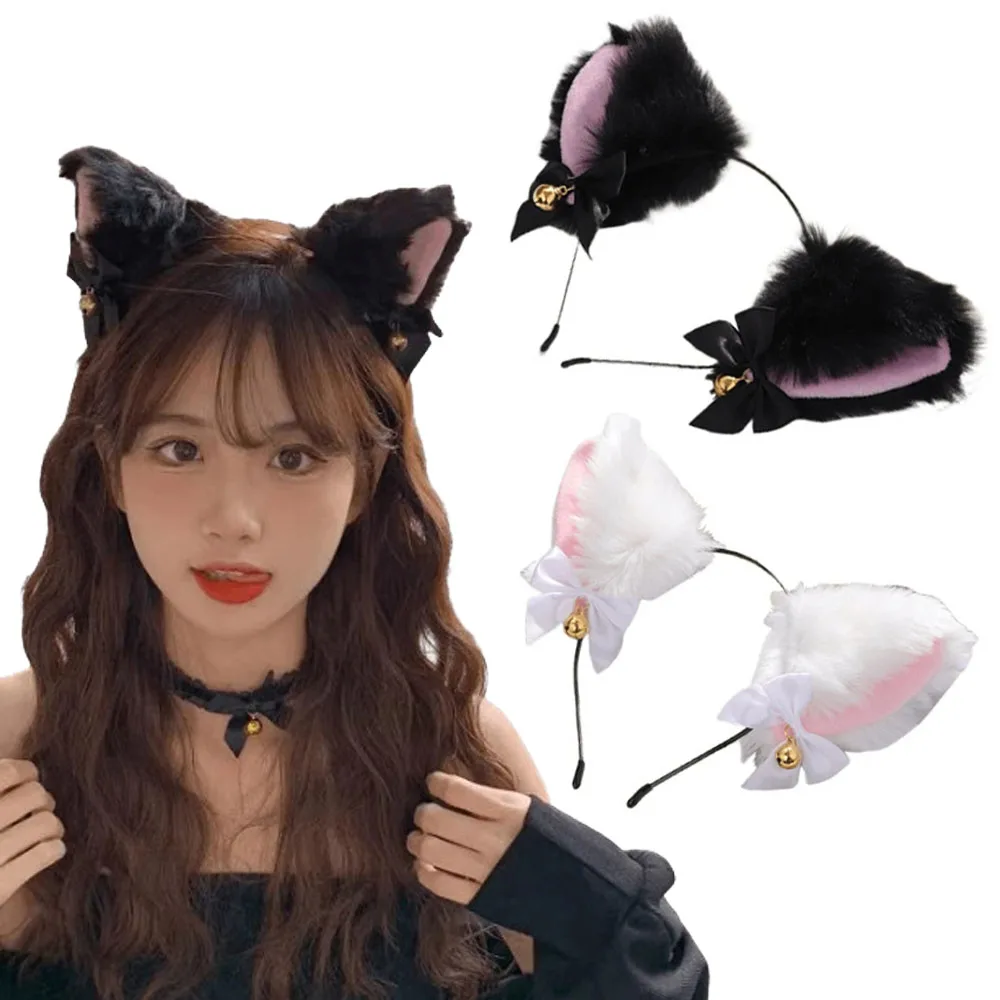 Diadema de encaje con orejas de gato para mujer y niña, accesorios para el cabello para Cosplay de Halloween, fiesta de disfraces de Anime, campana Sexy