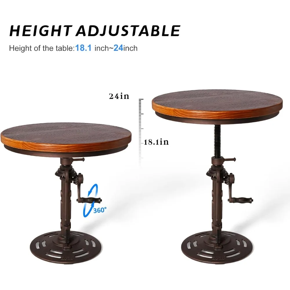 Industrial Style Metal and Wooden Side Table with Hand Crank Adjustable Height, Suitable for Living Room and Bedroom Use