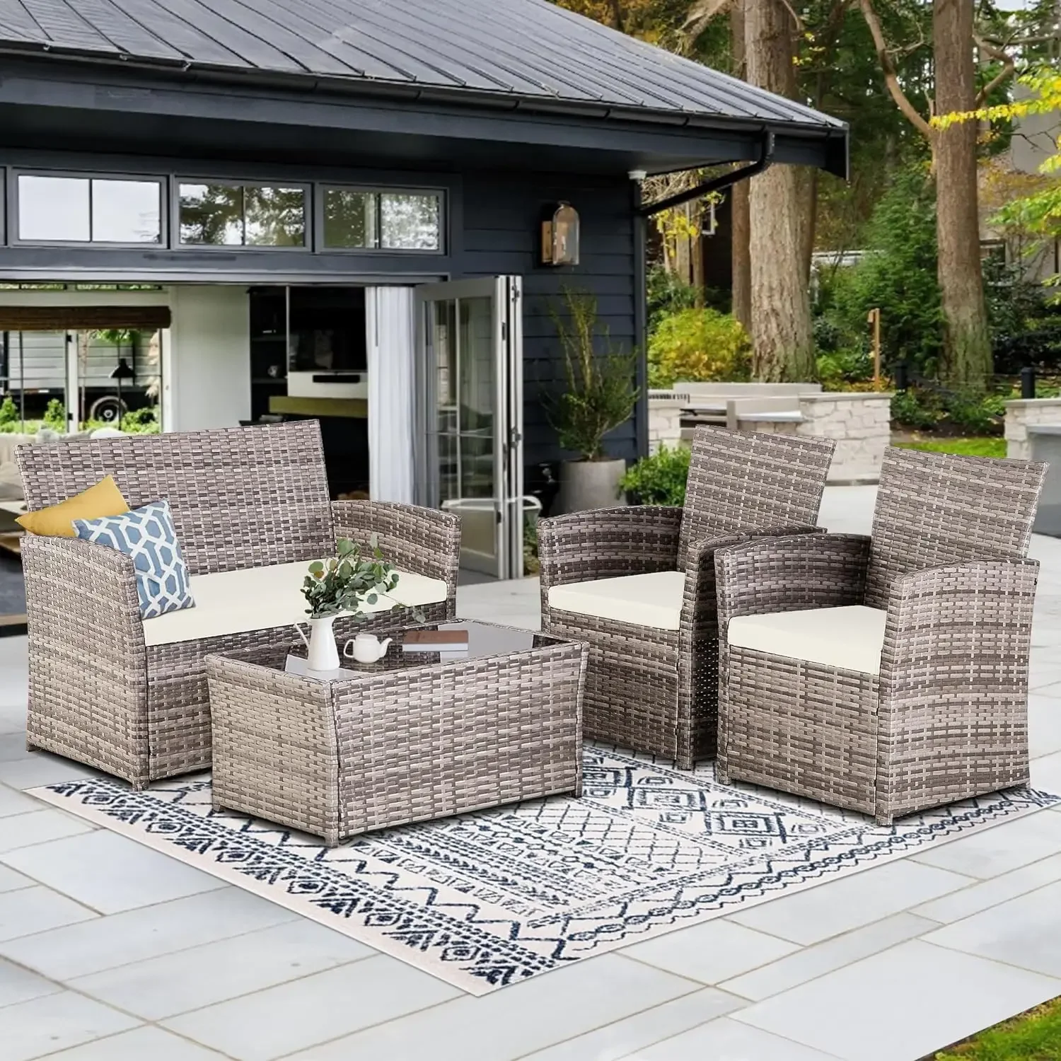 Outdoor Wicker Patio Móveis Set, Rattan sofá secional com mesa de café para quintal jardim e piscina, 4 PCs