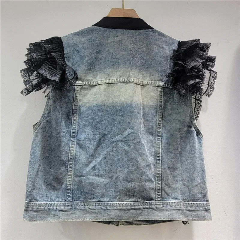 

Korean Fashion Lace Patchwork Blue Short Denim Vest Spring Women New Beaded Diamond Turndown Collar Sleeveless Cowboy Waistcoat