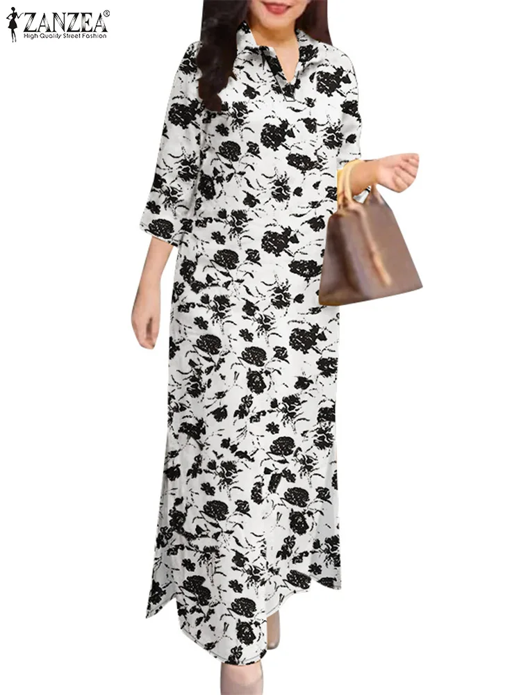 Autumn Summer Fashion Printed Dresses ZANZEA Bohemain Holiday Vestidos Maxi Robe Women Elegant 3/4 Sleeve Lapel Work Sundress