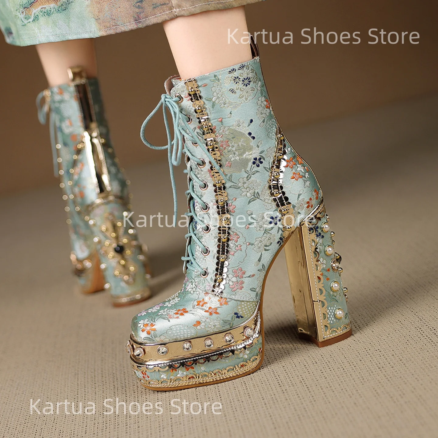 Women's Light Blue Floral Printed Platform Ankle Boots Retro Lace Up Chunky High Heel Shoe Embellished Rhinestones Party Booties