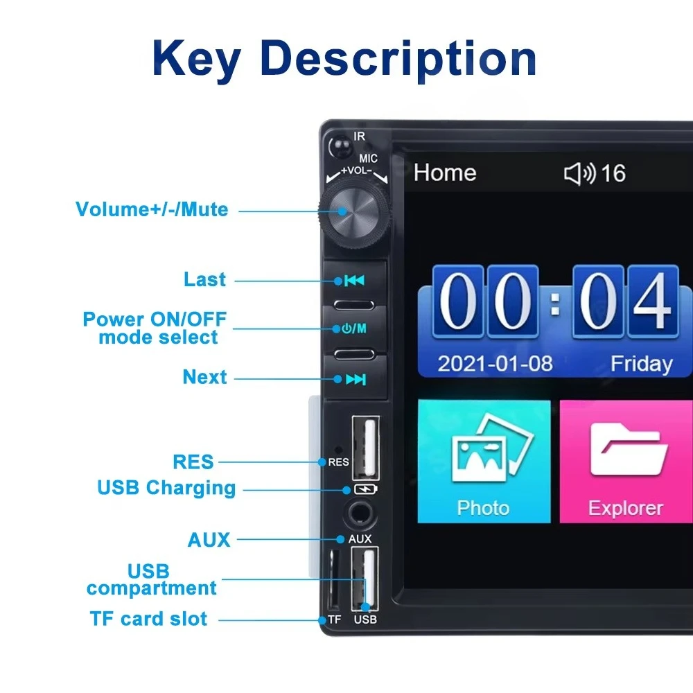 7-Inch HD Touch Screen Car Stereo 2 Din Radio MP5 Player Digital Display Bluetooth Multimedia USB SD Aux-in Autorao Amplifier