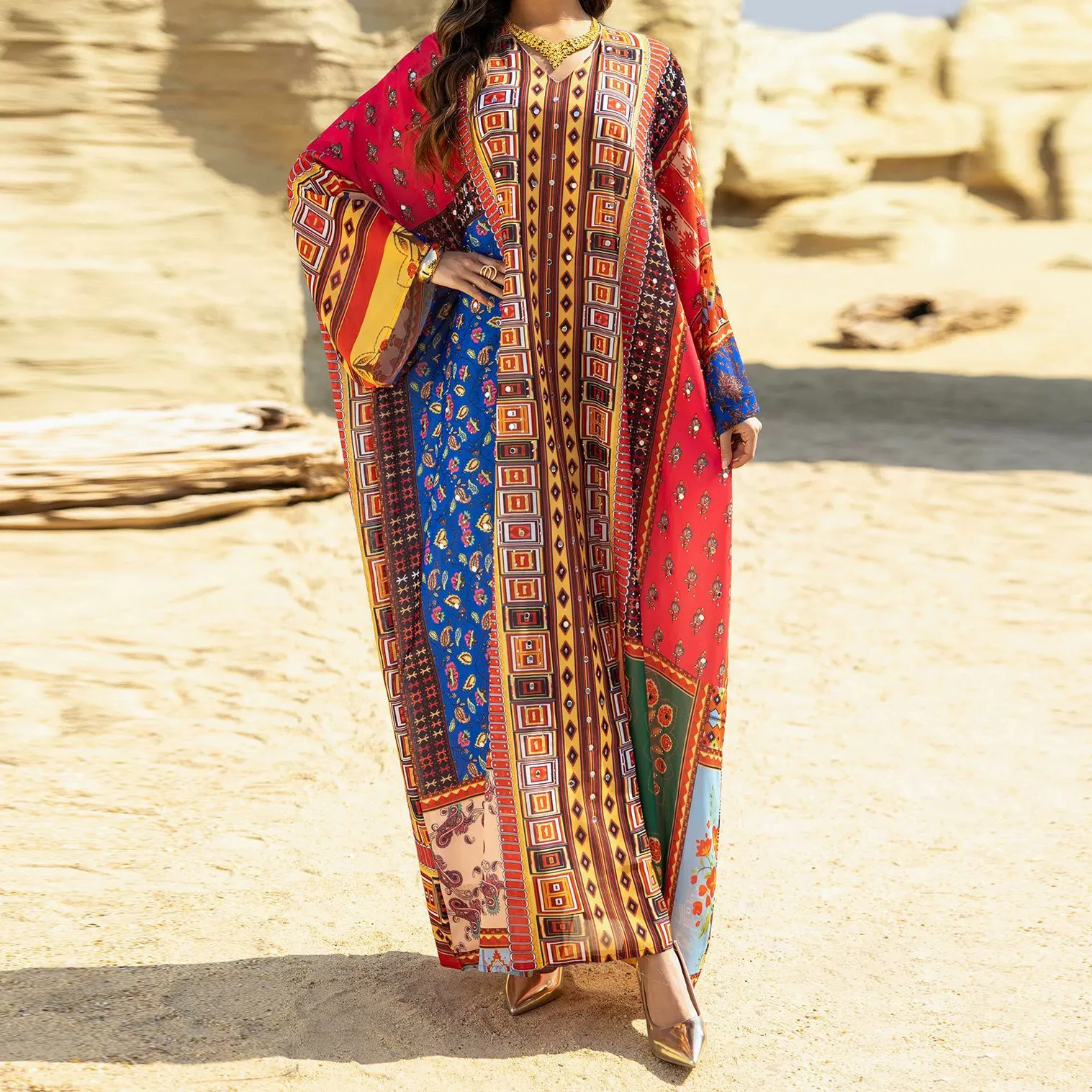 

Middle East Dubai spring and summer new printed hot diamond heavy work robe loose fashion dress-GZXX567