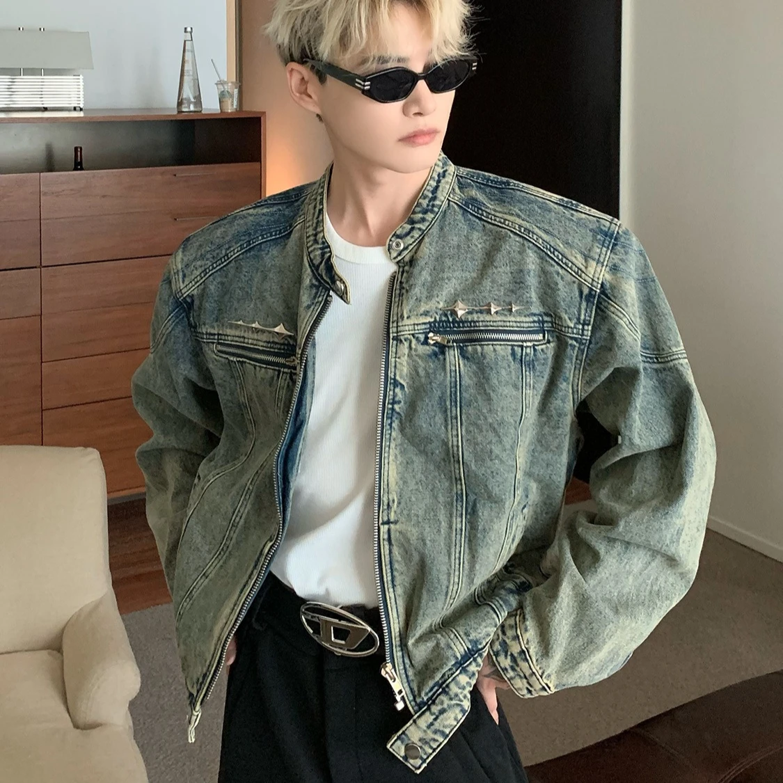 

Мужская джинсовая куртка с подкладкой на плечах в стиле ретро, уличная одежда, повседневное короткое джинсовое пальто в стиле панк, модная одежда для школьников