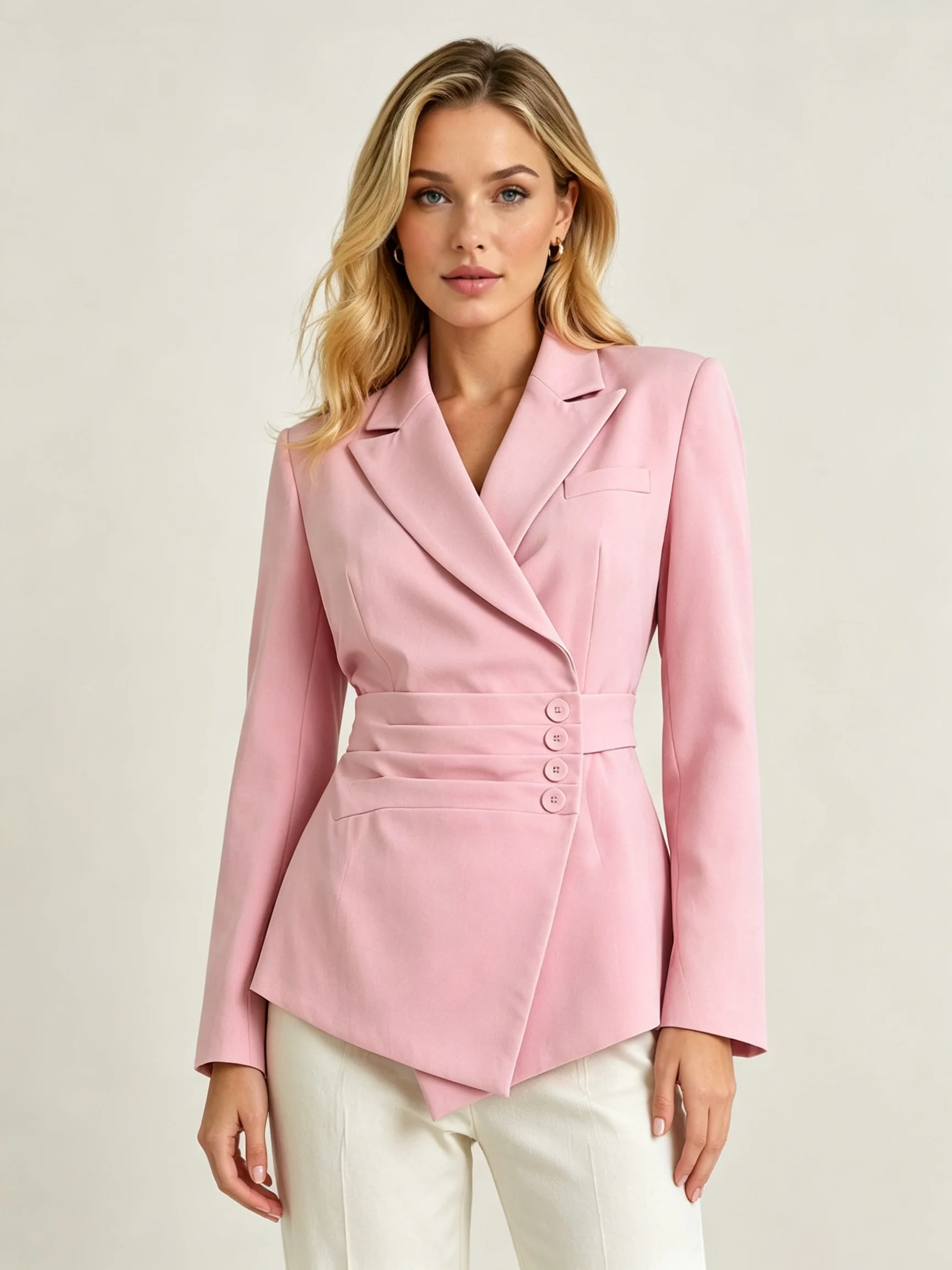 LIMO Women Notched Lapel Wrap Blazer Ruched Waist Four Buttons Irregular Hem Slim Long Sleeve Office Suit Jacket Top
