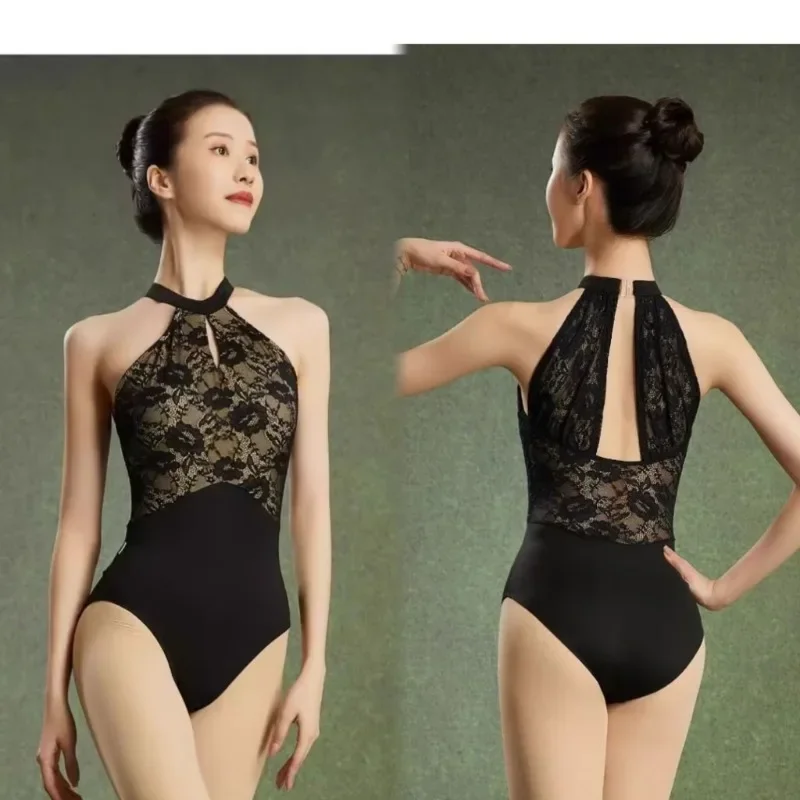 Customized Ballet Practice Dress Student Art Exam Body Dress Basic Training Gymnastics Lace Advanced Hanging Neck Jumpsuit Black