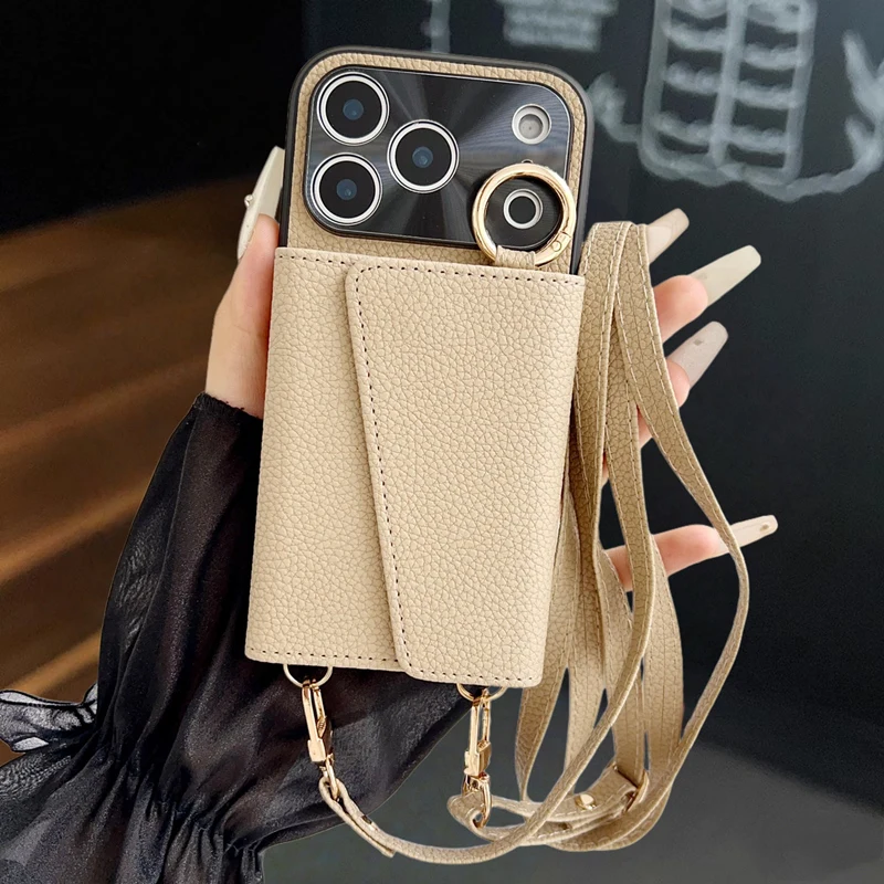 Crossbody-Geldbörsen-Handyhülle mit Make-up-Spiegel für iPhone 17 18 Pro Max 16 Pro 15 14 13 12, trendige Lederhülle mit Kartenfach und Lanyard – Detail 13
