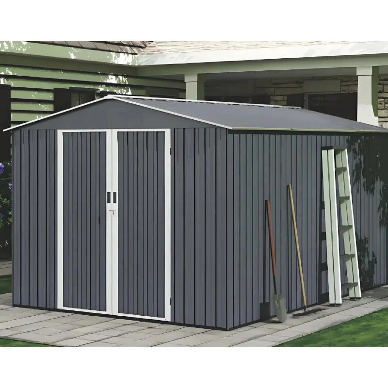 8 * 10 Feet Dark Gray Double Door 0.25mm or 0.Thick Iron Sheet Modern Slat Storage Room Tools and Sundries