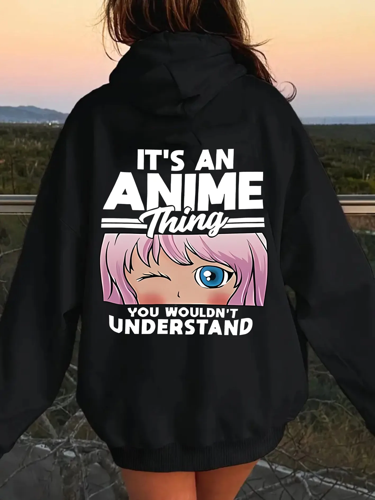 [Hoodie Anime Fan] Moletom feminino com forro de lã com estampa de anime |   Slogan "É uma coisa de anime", pulôver casual solto e moletom