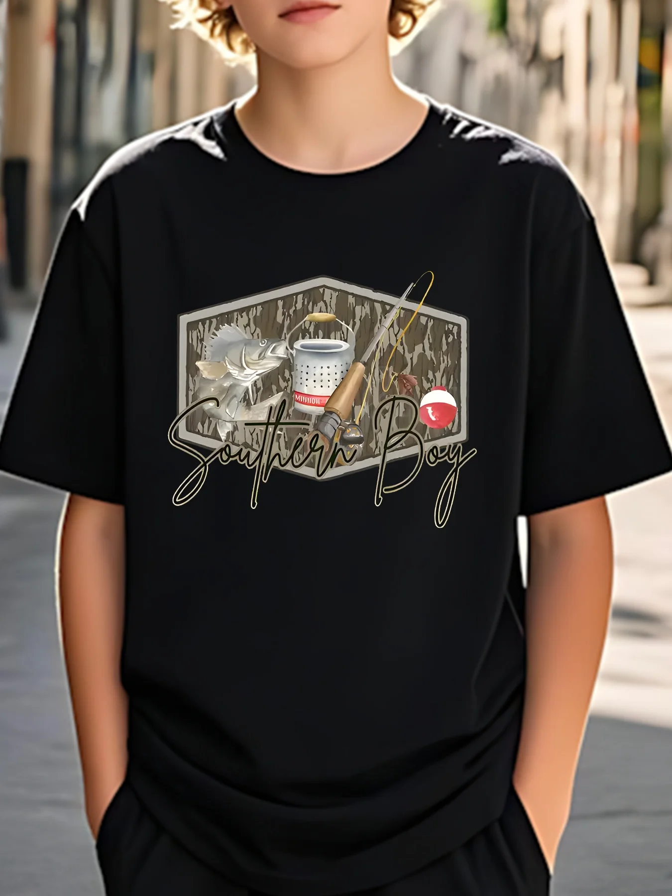 Summer Children's Fisherman Themed Printed Fun Design T-shirt Round Neck Casual and Comfortable Daily Wear Parent-child Outfit