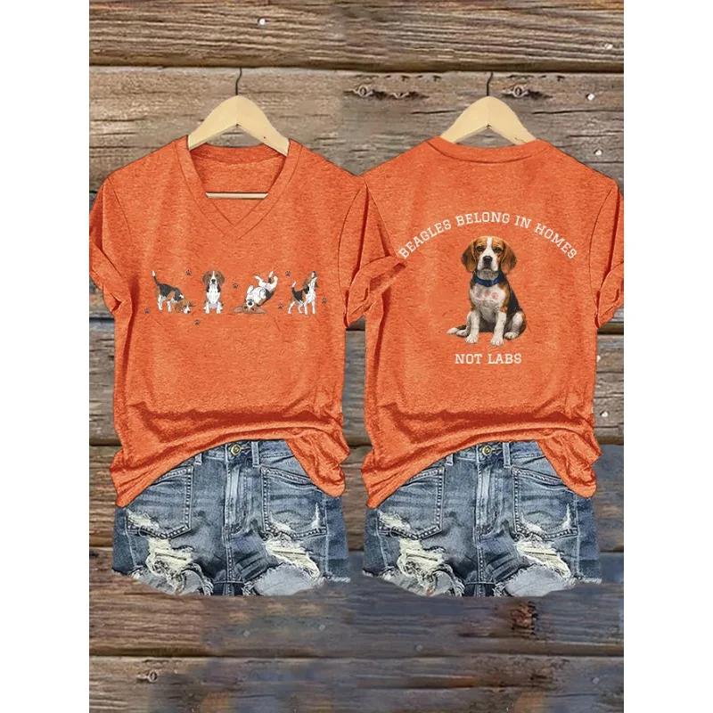 Camisetas con estampado de perros Save The Beagles de ilstile para mujer, camiseta informal de manga corta de verano, camisetas con cuello en V, camisetas negras, blancas, naranjas y grises