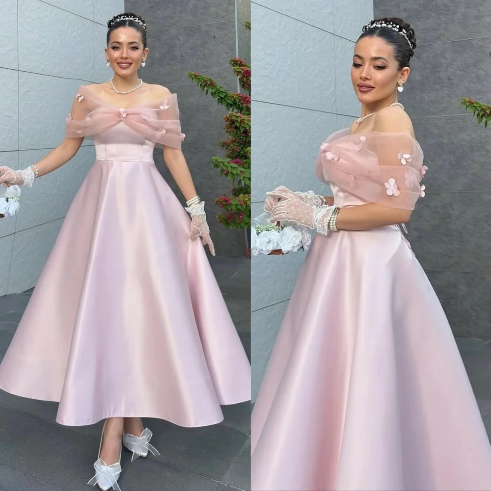 カスタマイズされたセクシーなシンプルなプリーツ手作りフラワービーズAラインオフショルダーミディドレスオーダーメイドオケージョンドレス絶妙な