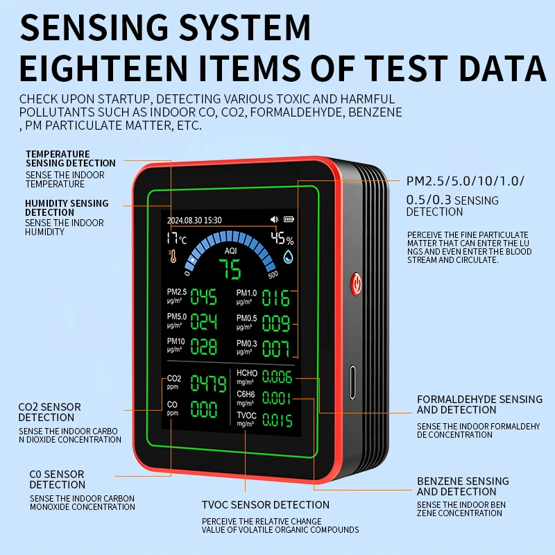 

Новый портативный монитор качества воздуха 18-в-1: измеритель AQI, CO, PM2.5, PM10, PM0.3, TVOC, HCHO, C6H6, CO2 с хранением исторических данных на 1 год
