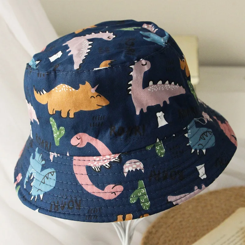 Summer Kids Bucket Caps Cotton Cute Cartoon Dinosaur Pattern Fisherman Hats Boy Girls Fashion Outing Sun Caps Panama Hats 2-6Y