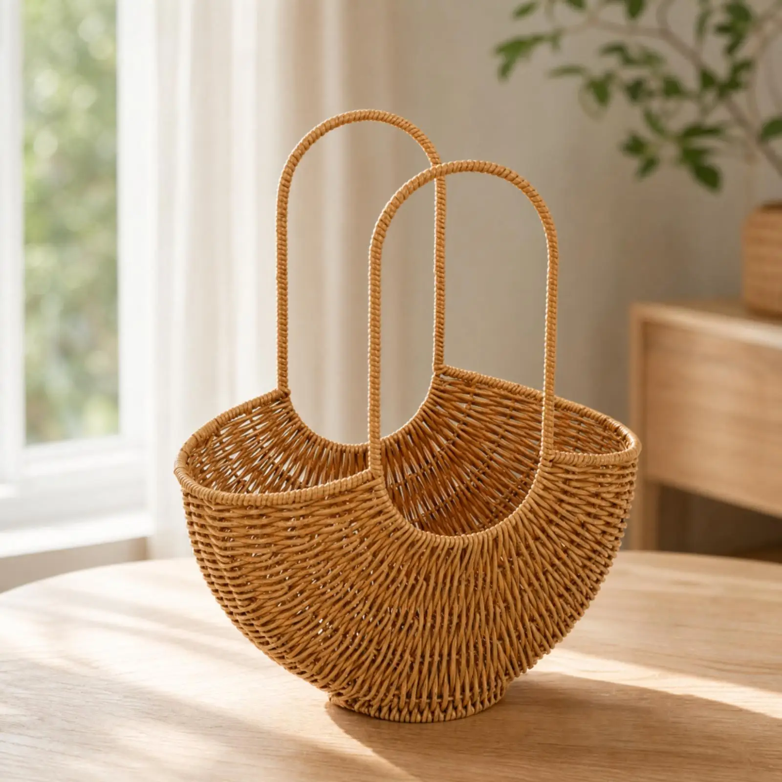 Open-Weave Basket with Tall Arched Handles Sturdy Rounded Rectangular Woven Basket Long-Lasting Rustic for Floral Displays