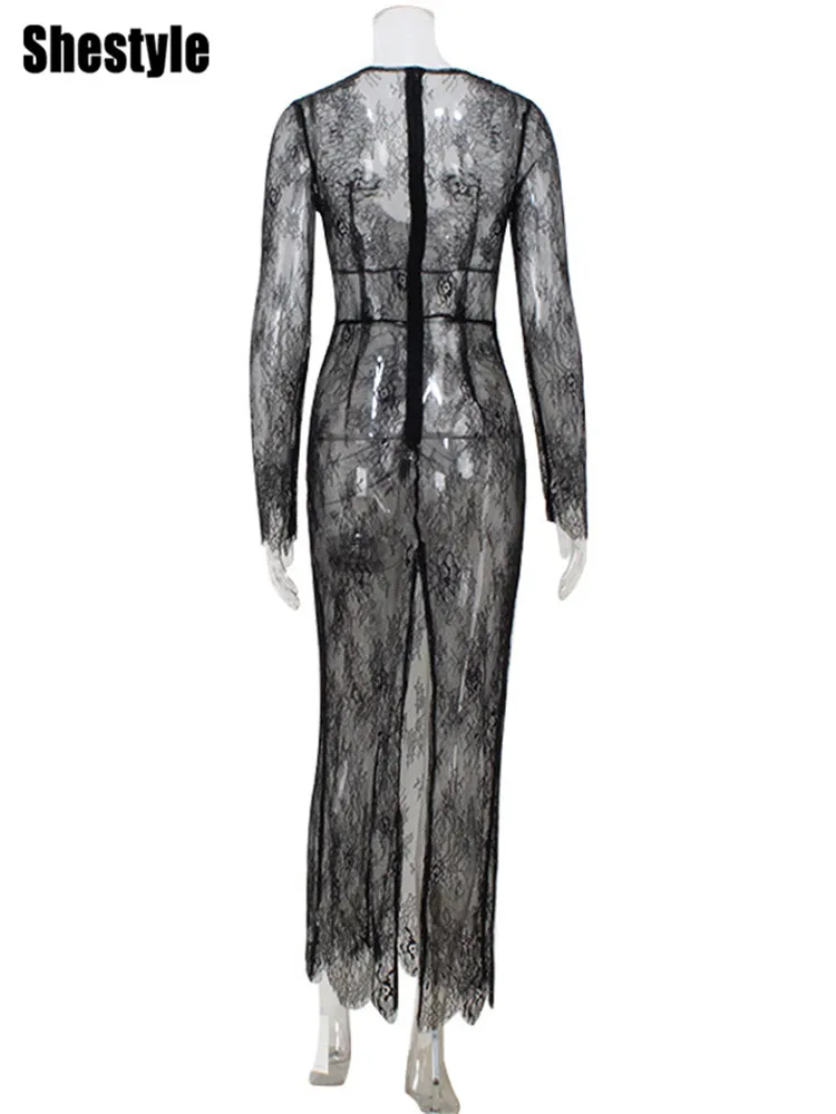 Shestyle sexy renda transparente lápis vestido feminino decote em v volta zíper onda corte oco para fora magro roupas de festa moda
