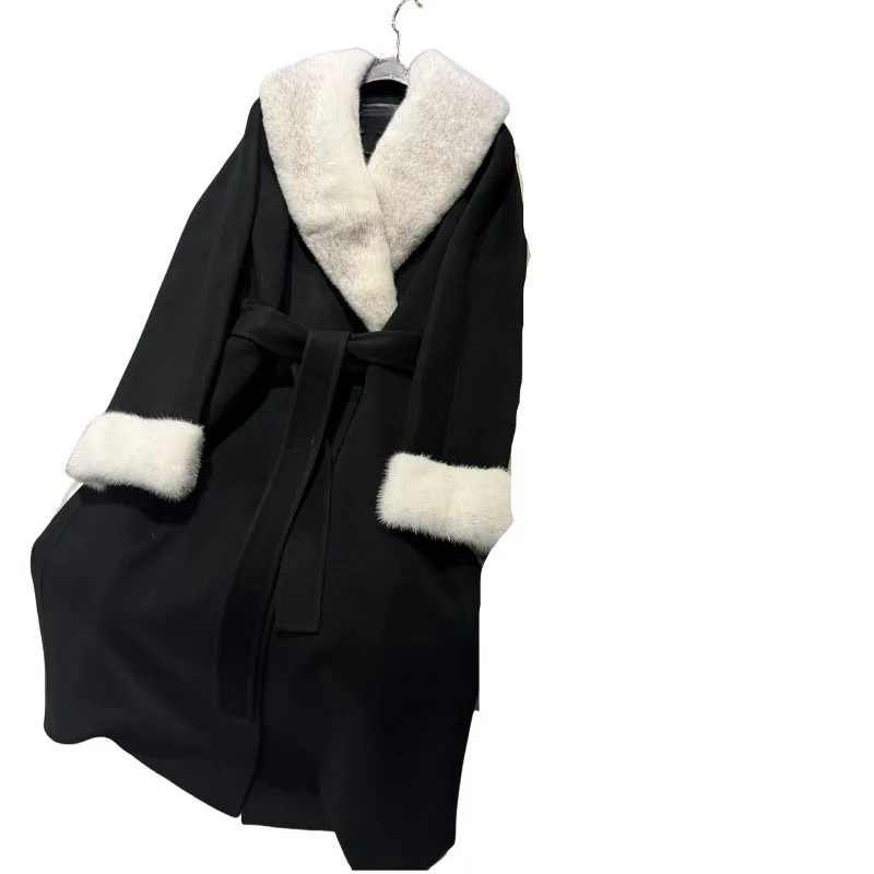 Cappotto in cashmere double face con colletto in visone Cappotto da donna in cashmere double-strato in lana di due pezzi di lana di media lunghezza feminino luxo